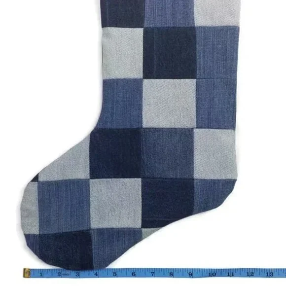 Hand Made Upcycled Blue Patchwork Denim Lined Hanging Christmas Stocking 17.5"